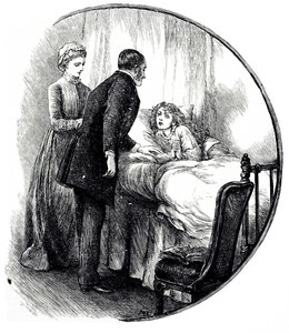 Un grabado que representa a un médico visitando a su joven paciente en casa