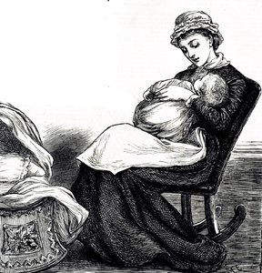 Un grabado que representa a una madre meciendo a su bebé. Ilustrado por Mary Ellen Edwards (1838-1934) una artista inglesa y prolífica ilustradora de libros infantiles