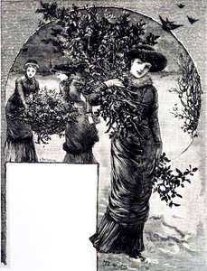 Grabado que representa la recolección de acebo y siempreverde para la decoración navideña. Ilustrado por Mary Ellen Edwards (1838-1934), una artista e ilustradora inglesa de libros infantiles de Mary Ellen Edwards