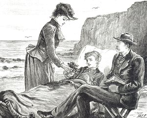 Grabado que representa a un niño lisiado en la playa