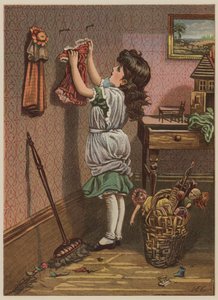 Niña colgando la ropa de las muñecas de Mary Ellen Edwards