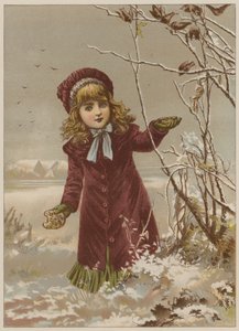 Niña llevando pan para alimentar a los pájaros en la nieve de Mary Ellen Edwards
