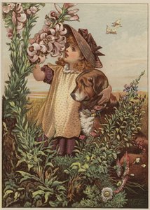 Niña con perro oliendo flores