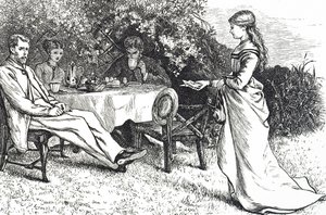 Ilustración que representa a una familia desayunando en el jardín de Mary Ellen Edwards
