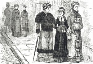 Ilustración que representa a mujeres jóvenes con manguitos, para mantener sus manos calientes durante el clima frío de Mary Ellen Edwards