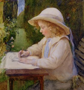 Niña dibujando en una mesa de jardín (estudio) de Mary Harcourt