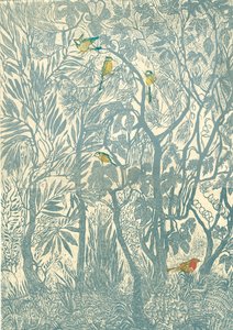 Observación de aves desde la ventana de la cocina: petirrojo, 2012 (grabado en vinilo, impresión en relieve) de Mary Kuper