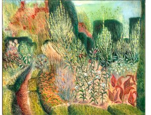 Great Dixter: Topiario y caminos, 2003 (óleo sobre tabla) de Mary Kuper