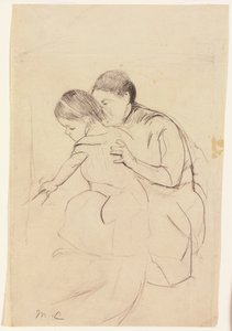 Bebé tocando una tina con la mano izquierda, sostenida por su niñera, c.1891 de Mary Cassatt