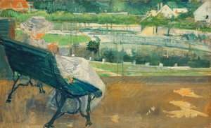 Lydia sentada en un porche, tejiendo, c.1881 de Mary Cassatt
