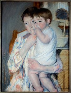 Mujer y niño frente a una mesa donde se colocan una mermelada y un cuenco de Mary Stevenson Cassatt