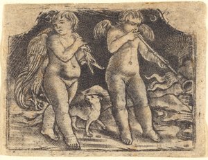 Cupido llevando un ave acompañado de un perro, y otro cupido tocando una trompeta de Maso Finiguerra