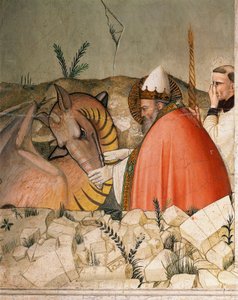 Episodios de la vida de Nochevieja: El Papa San Silvestre I (Silvestro) (314-335) cierra la boca del dragón. (detalle)