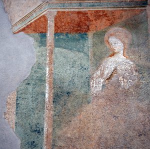 Fresco de Masolino da Panicale en el Baptisterio de Castiglione, detalle de la Anunciación (2)