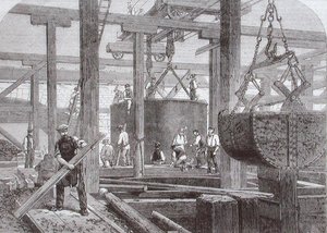 Vista de los trabajos de construcción en el Puente de Blackfriars para el ferrocarril de Londres, Chatham y Dover mostrando el hundimiento de un cilindro para uno de los pilares de piedra circulares de Mason Jackson