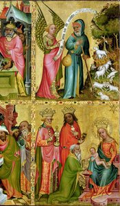 La Anunciación a San Joaquín y la Adoración de los Magos, del ala izquierda del Altar de Buxtehude, 1400-10 (temple sobre tabla) (detalle) de Master Bertram of Minden