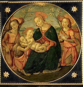 Virgen adorando al niño con Juan Bautista y dos ángeles (pintura sobre madera) de Master Borghese Tondo