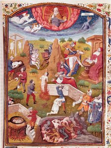 Visión de Boccaccio: escena de tortura, ahorcamiento, masacre Miniatura tomada de “Casos de hombres y mujeres nobles desafortunados” (De casibus) de Giovanni Boccaccio, llamado Jean Boccaccio (1313-1375), escritor italiano, traducido por Laurent de Premier de Master Dunois