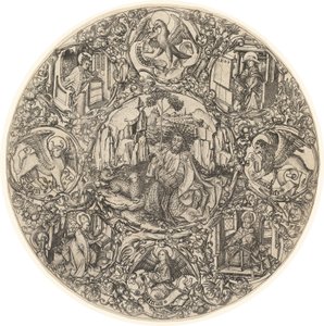 San Juan Bautista en el Desierto con el Cordero de Dios, Rodeado por los Símbolos de los Evangelistas y los Cuatro Padres de la Iglesia de Master E.S.