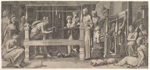 Mujeres hilando, tejiendo y cosiendo, mediados del siglo XVI de Master FG