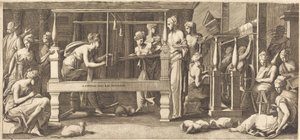 Penélope y sus criadas tejiendo de Master FG, after Francesco Primaticcio