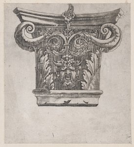 Speculum Romanae Magnificentiae: Capital con volutas de vaina de guisante y cabeza de sátiro, ca. 1537