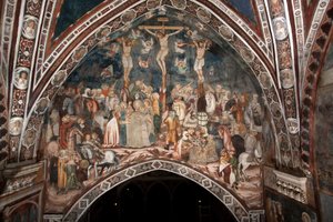 La Crucifixión, fresco del Maestro del Sacro Speco. Siglo XIV. Iglesia Superior. Monasterio de San Benedetto (Sacro Speco), Subiaco (Roma), Italia de Master Trecentesco of Sacro Speco School