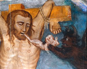 El ladrón no arrepentido, crucificado con Jesús, su alma es arrancada de su boca por un demonio Representación del ladrón malvado llamado Gesmas o Gestas. Fresco del maestro del Sacro Speco. Siglo XIV. Iglesia Superior. Monasterio de San Benedetto (Sacro S de Master Trecentesco of Sacro Speco School