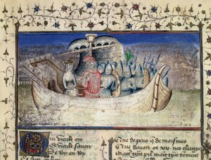 Bruto el Troyano zarpa hacia Bretaña, de La Historia de los Reyes de Bretaña por Geoffrey de Monmouth (1100-54)