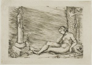 Cleopatra acostada al pie de un árbol, con un término de Master of 1515