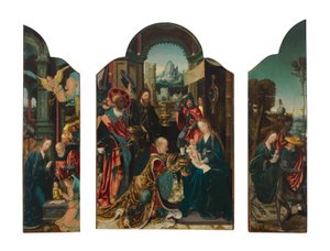 Un Tríptico: el panel central: La Adoración de los Magos; el ala izquierda: La Natividad; el ala derecha: La Huida a Egipto