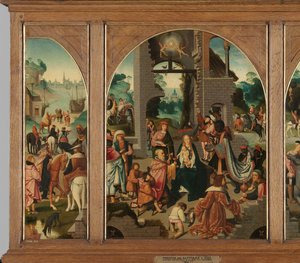Tríptico con la Adoración de los Reyes Magos (centro y alas interiores), San Antonio Abad (izquierda, ala exterior) y San Adrián (derecha, ala exterior) de Master of Alkmaar (attributed to)