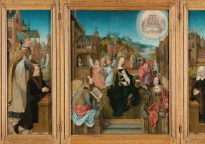 Tríptico con la Virgen y el Niño con los santos (centro), el donante masculino con San Martín (izquierda, ala interior), el donante femenino con Santa Cunera (derecha, ala interior) y la Anunciación (alas exteriores) de Master of Delft
