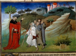 Des pelerins sur la route de la terre sainte Miniatura en "Voyages" escrita por John (Jehan de Mandeville) (¿1300? - 1372), iluminada por el Maestro de Egerton, hacia 1410-1412, de la colección de manuscritos (Ms 2810, Folio 142v.) "Book of Wonders and