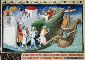 El Gran Khan contra los japoneses o "Cómo los hombres del Gran Khan que rodearon la Isla tomaron la Ciudad de sus enemigos". Miniatura extraída del "Libro de las maravillas" de Marco Polo (1254-1324). Iluminada por el Maestro de Egerton
