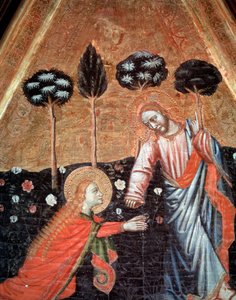 Noli me tangere (Ne me pas touche) Detail du triptych de saint Vincent de Estopinan del castillo (Tríptico de san Vicente de Estopinan del castillo) Painting du maitre de Estopanya (Pintura del maestro de Estopinan) 1350-1370 Barcelona, Museu Nacional d