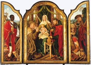 La Sagrada Familia con Melchor ofreciendo oro al Niño Jesús de Master of Frankfurt