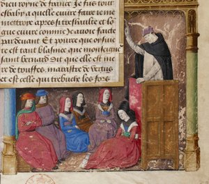 Jacques de Voragine predicando, detalle de una miniatura del frontispicio de un manuscrito de la Leyenda Dorada.