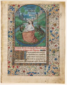 Hoja de un libro de horas: Juan en Patmos 1 de 2 hojas excisadas, c. 1465