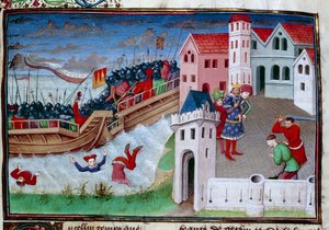 Escena de batalla y decapitación. Ilustración de la novela "El Decamerón" de Giovanni Boccaccio (Jean Boccace de Master of Jean Mansel