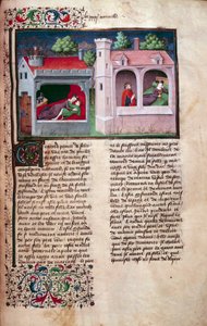 Escena galante: dos parejas conversando. Página de un manuscrito en francés del "Decamerón" de Giovanni Boccaccio dit Jean Boccace (1313-1375), escritor italiano, iluminado por el Maestro de Mansel. 1450. París, Biblioteca del Arsenal de Master of Jean Mansel
