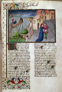La partida Página tomada de un manuscrito en francés del "Decamerón" de Giovanni Boccaccio dit Jean Boccaccio (1313-1375), escritor italiano, iluminado por el Maestro de Mansel. 1450. París, Biblioteca del Arsenal de Master of Jean Mansel