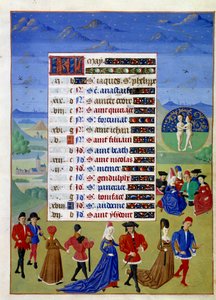 Mayo: los cortesanos pasean. Página de manuscrito iluminado tomada del "Libro de Horas de la Duquesa de Borgoña, Adelaida de Saboya" por el Maestro de Adelaida de Saboya (siglo XV) y el Maestro de Jean Rolin (siglo XV) de Master of Jean Rolin II