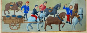 La vendimia y el transporte (detalle) de un manuscrito iluminado tomado del "Libro de Horas de la Duquesa de Borgoña, Adelaida de Saboya" por el Maestro de Adelaida de Saboya (siglo XV) y el Maestro de Jean Rolin (siglo XV) de Master of Jean Rolin II