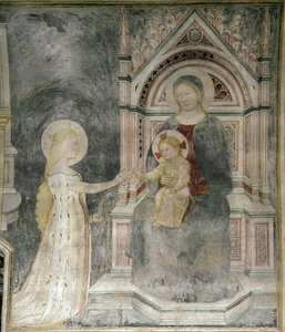 Matrimonio espiritual de Cristo con Santa María Magdalena, detalle. (circa 1377, Fresco colocado sobre lienzo) de Master of Mocchirolo