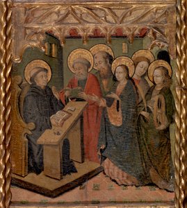 La Virgen María y los santos Pedro, Pablo, Juan el evangelista y Catalina de Alejandría se aparecen a San Martín de Master of Riglos