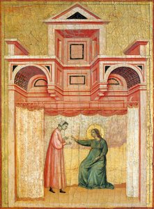 Cecilia persuadiendo a su marido Valeriano para que se bautice, detalle del retablo que representa la Leyenda de santa Cecilia, hacia 1304, del Maestro de Santa Cecilia (activo a principios del siglo XIV), temple sobre tabla y estampado en pan de oro, 85x1 de Master of Saint Cecilia