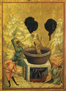 Santa Cecilia en el baño de agua hirviendo, detalle del retablo de Historias de Santa Cecilia, hacia 1304, el Maestro de Santa Cecilia (activo a principios del siglo XIV), temple sobre tabla y hoja de oro estampada, 85x181 cm de Master of Saint Cecilia