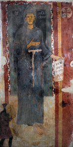 Representación de San Francisco de Asís (1181-1226). Esta es ciertamente la primera representación del santo ejecutada mientras estaba vivo, representado sin estigmas y sin aureola. Sostiene un papel donde está escrito en latín “Pax huic Domui” (Paz a es de Master of Saint Francis of Assisi