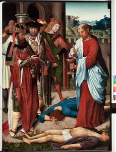 Episodio de la vida de San Juan evangelista: "El milagro de la copa de veneno" (Vida de San Juan evangelista, San Juan bebe una copa de veneno) Pintura del maestro de San Juan evangelista (finales del siglo XV) Dim 120x90 cm Gen de Master of Saint John Evangelist